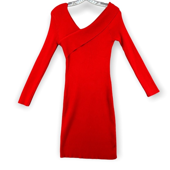 MAIN STRIP V Neck Sweater Dress Red Ribbed Knit Long Sleeve Womens Medium - Picture 4 of 12